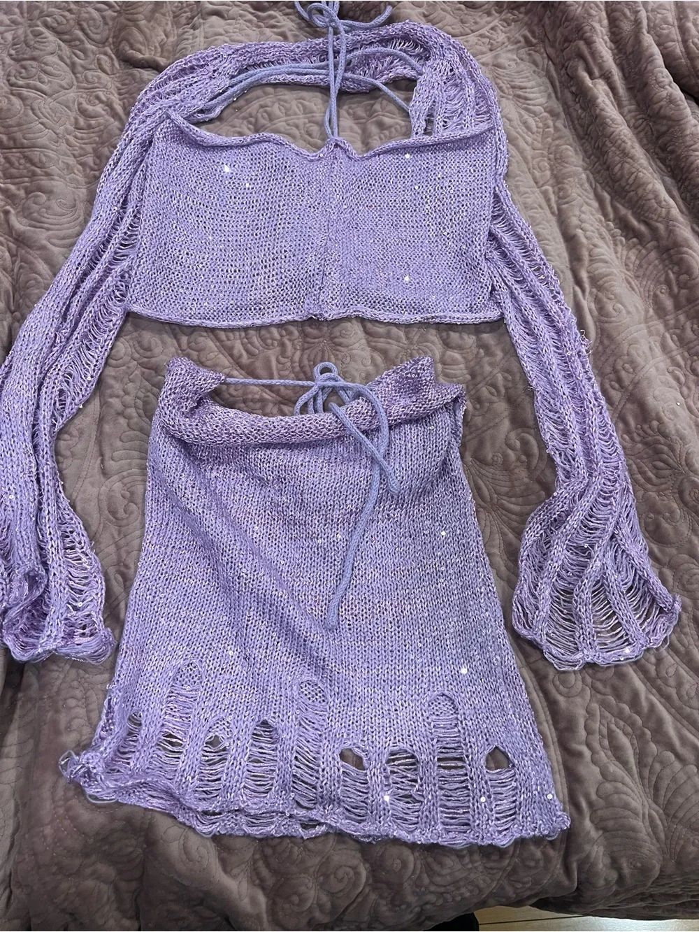 Lavender Knit three- Piece Crop Top & Skirt Set - Women Intimates & Sleepwear